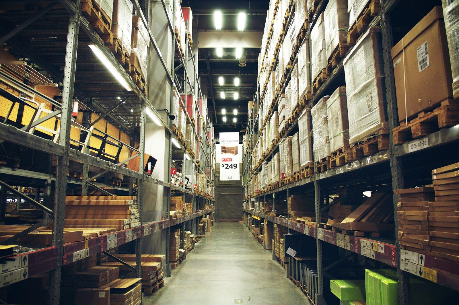 Long warehouse aisle with racking on both sides