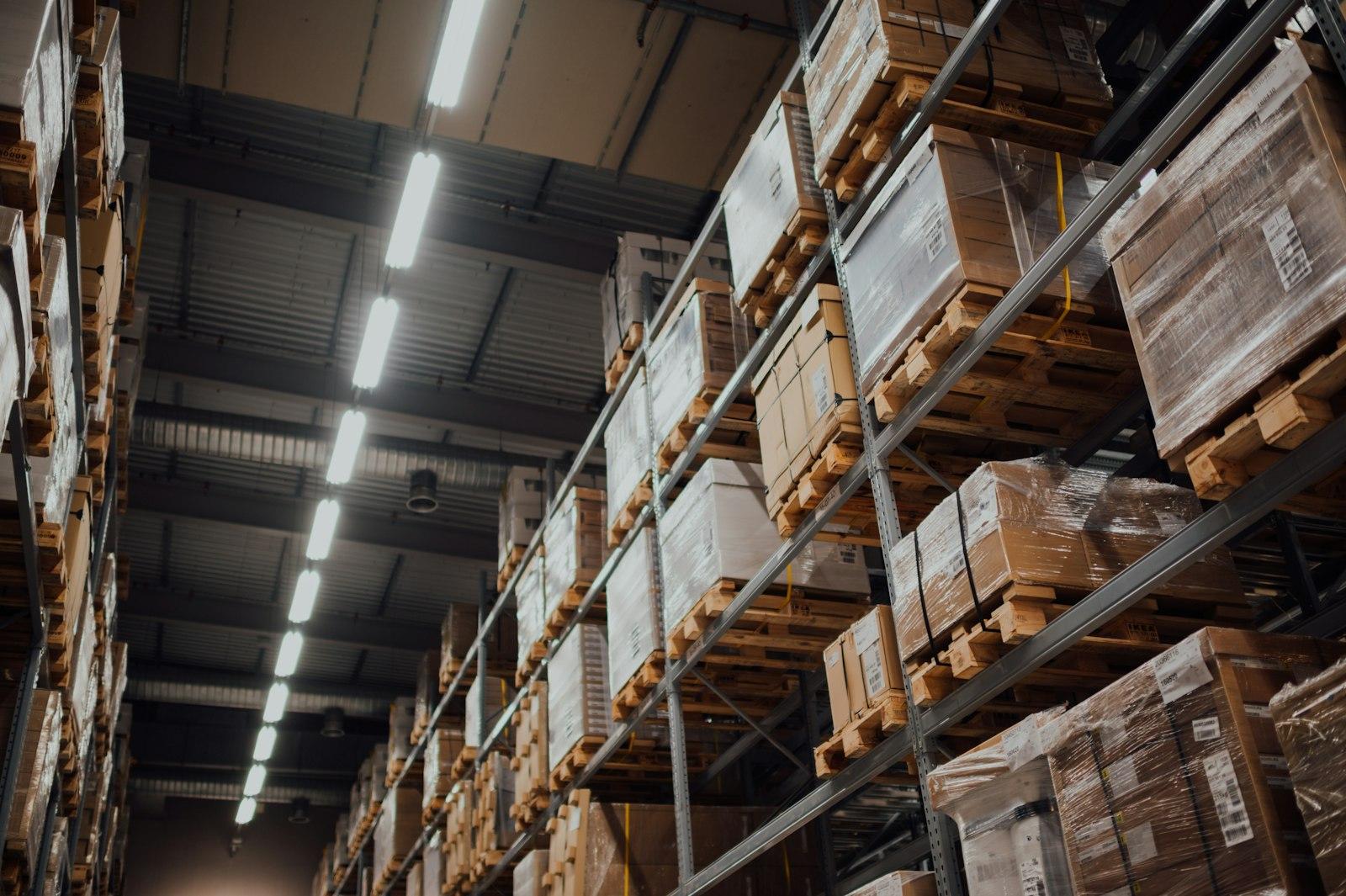 Palletised stock on high-bay racking in a distribution warehouse